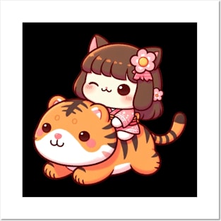 Cute Japanese Cat Riding on A Cute Tiger Posters and Art